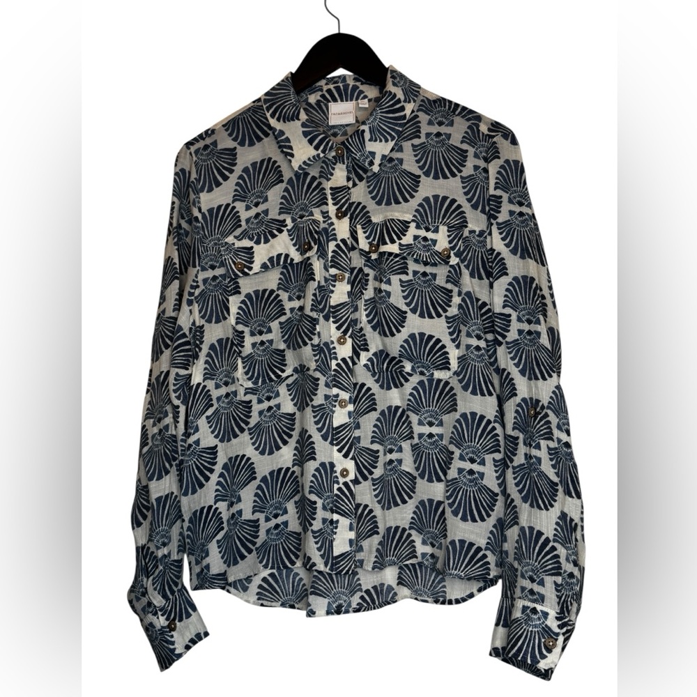 Zac & Rachel Classy Preppy Navy and White Printed Button-Up shirt blouse